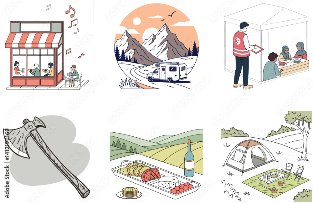 Fototapeta premium Camping Adventure. A Bundle of Serenity and Northern Lights Collection Illustrations