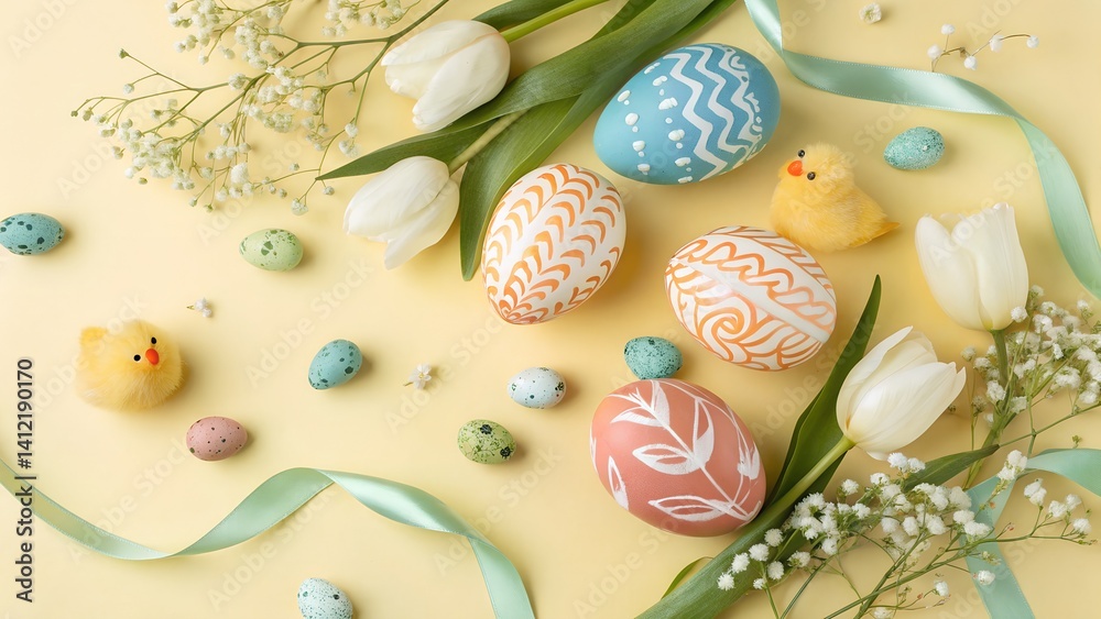 Easter Eggs and Flowers: A delightful springtime display featuring vibrant, decorated Easter eggs nestled amongst fresh tulips, delicate baby's breath, and playful chicks, all against a soft. Easter Eggs and Flowers: A delightful springtime display featuring vibrant, decorated Easter eggs nestled amongst fresh tulips, delicate baby's breath, and playful chicks, all against a soft.