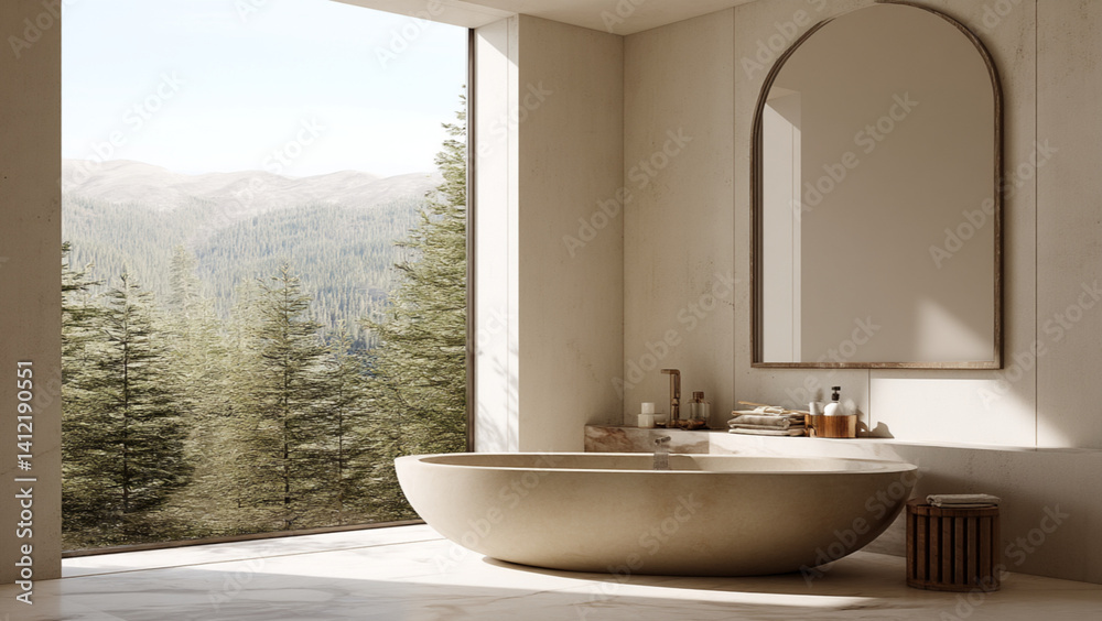 Modern bathroom interior with a freestanding bathtub, blank frame on a white wall, and a forest view