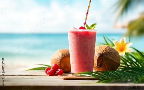Refreshing Pink Coconut Beach Drink Perfect Summer Escape Tropical Paradise Bliss photo
