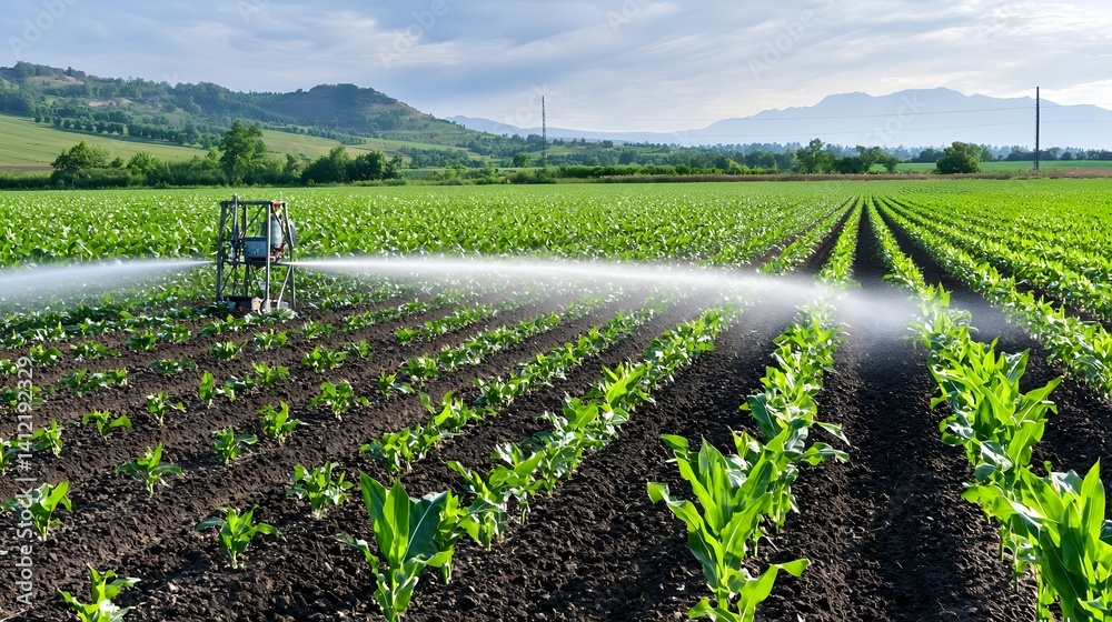Obraz premium Lush green field with rows of crops being irrigated by a sprinkler system surrounded by a picturesque rural landscape