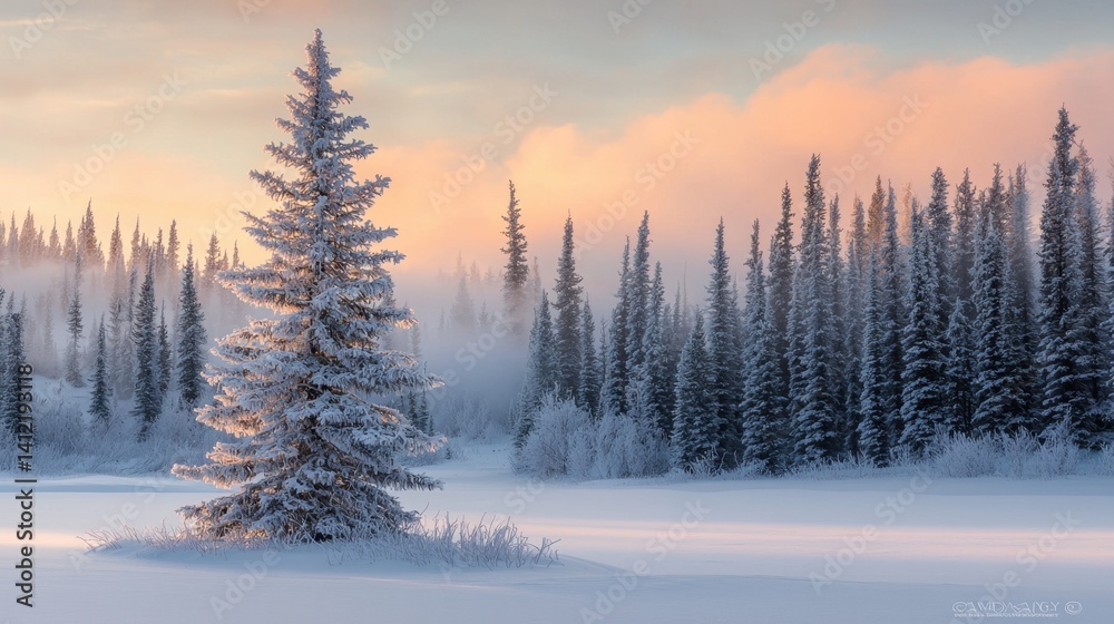 A serene winter morning displays a single frosted tree surrounded by a dense forest. Soft pastel colors fill the sky as fog gently moves through the landscape A serene winter morning displays a single frosted tree surrounded by a dense forest. Soft pastel colors fill the sky as fog gently moves through the landscape