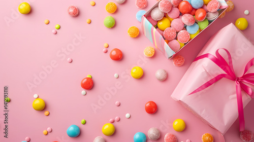 Professional composition of colorful confectionery and present package on decorative pin