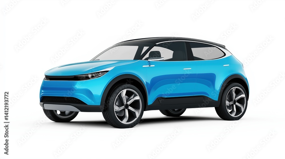 A compact electric blue electric car mockup with a modern and clean design, viewed at a front-side angle. A compact electric blue electric car mockup with a modern and clean design, viewed at a front-side angle.