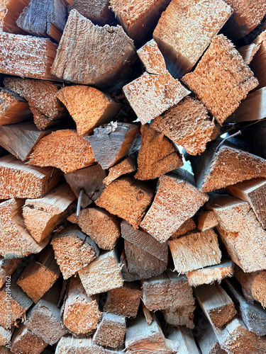 Firewood (wooden background) close-up stacked in a woodpile