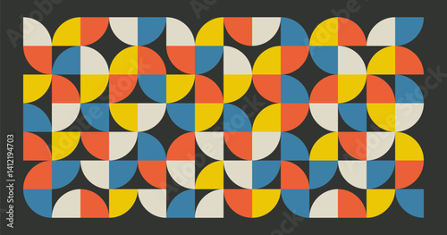 Abstract retro geometric banner with shapes pattern. Brutal contemporary figures in seamless tiles. Swiss design aesthetic, vector illustrations.