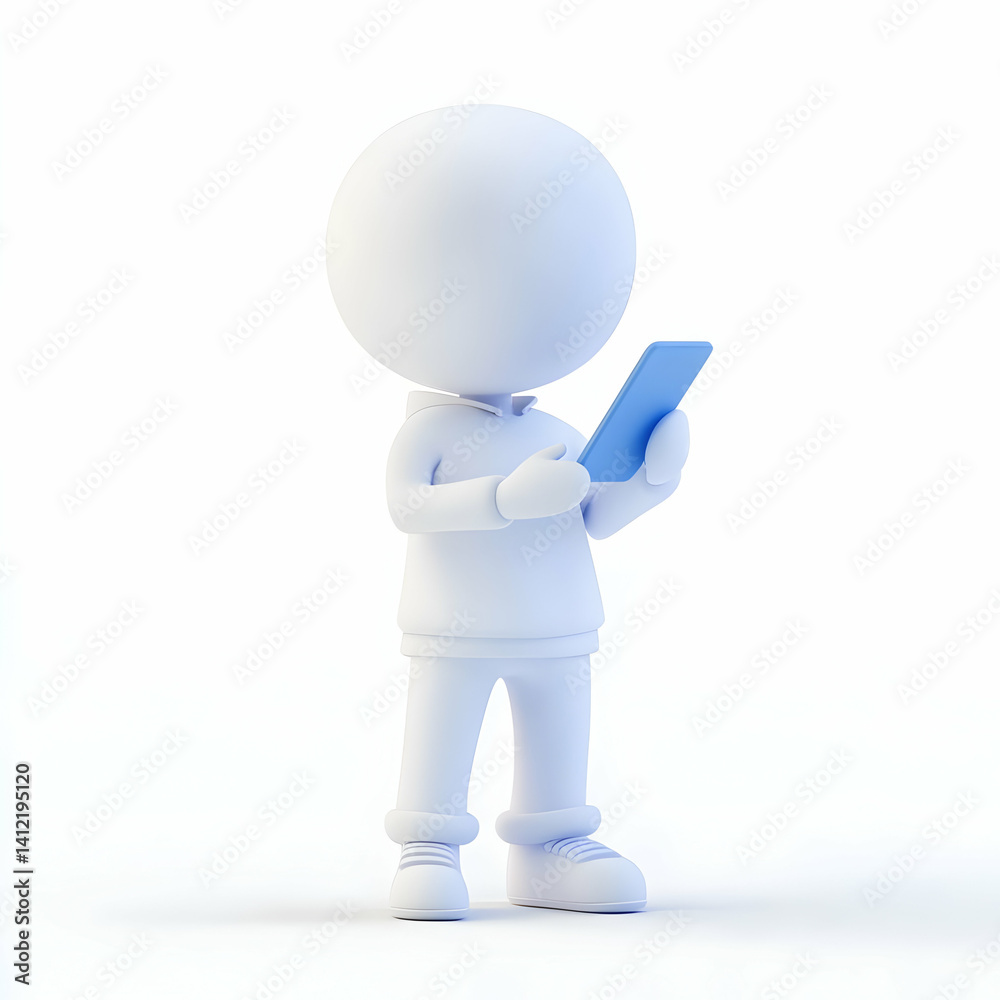 Full Body 3D Render of Stick Figure Using Blue Tablet Device on White Background Full Body 3D Render of Stick Figure Using Blue Tablet Device on White Background