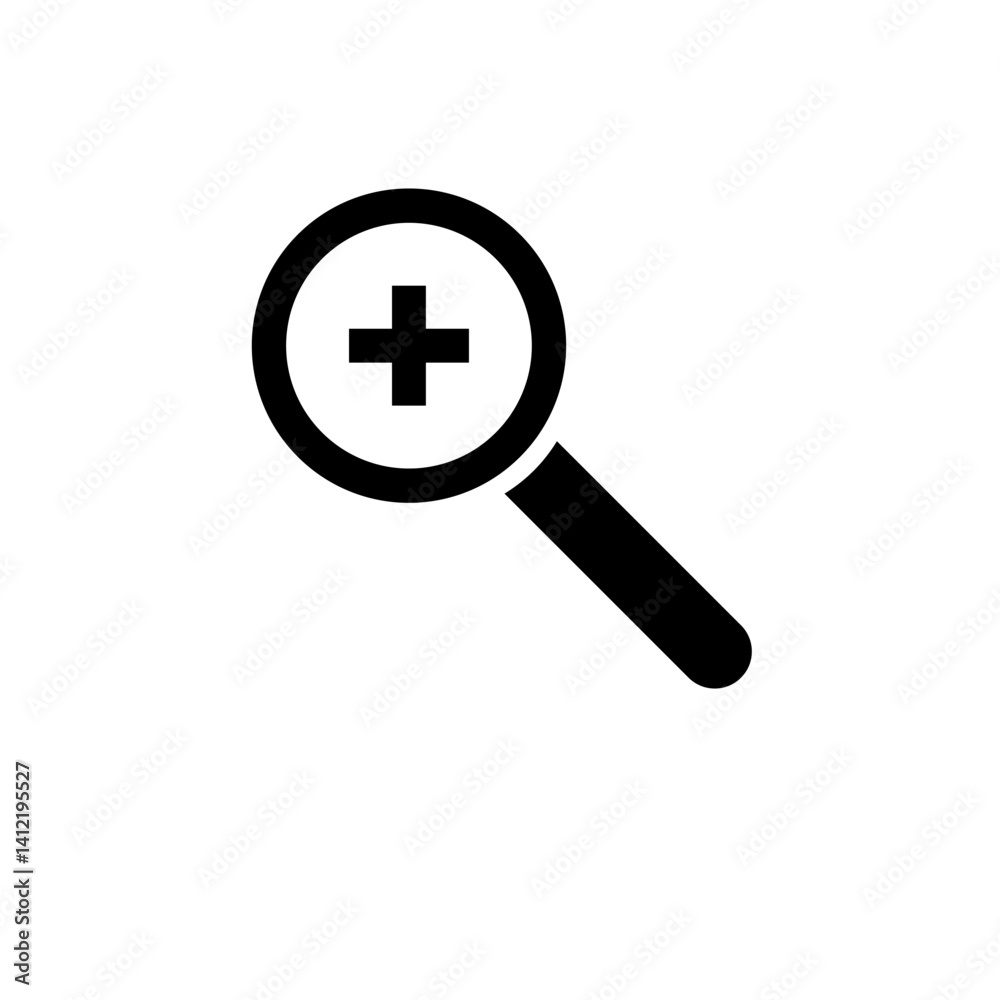 Magnifier with Plus, Zoom Loupe Lens Solid Flat Vector Icon Isolated on White Background. Magnifier with Plus, Zoom Loupe Lens Solid Flat Vector Icon Isolated on White Background.