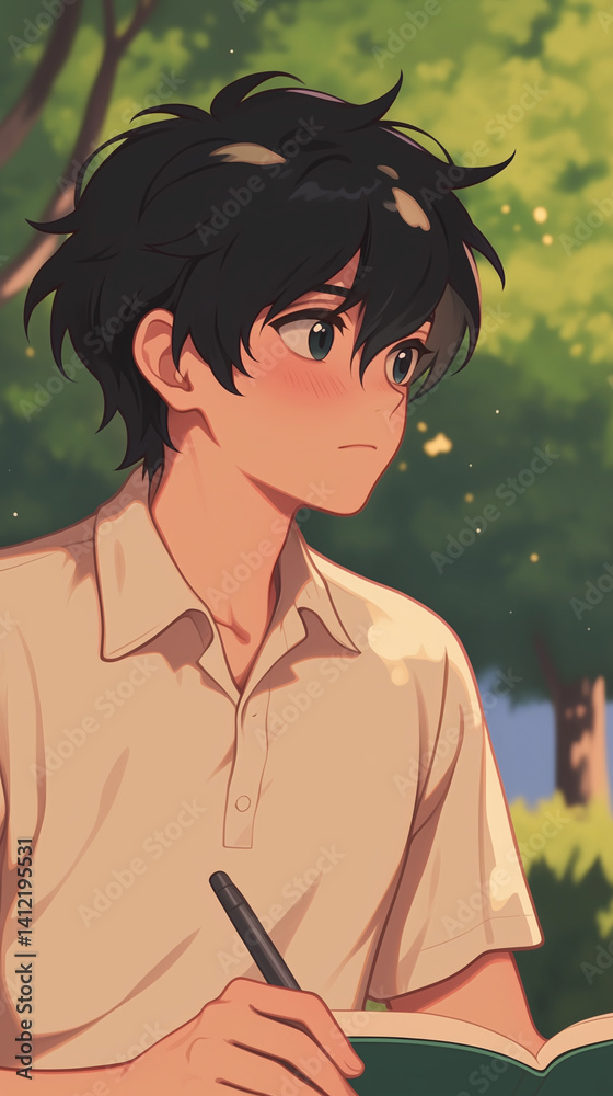 Fototapeta premium Anime Boy Writing in a Park