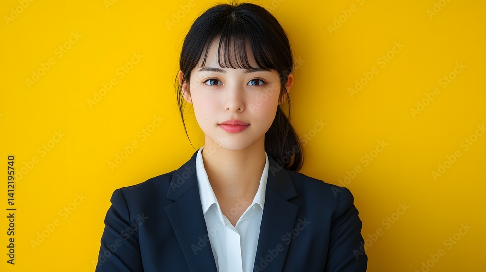 Young woman in suit poses against a vibrant yellow background looking at camera. Young woman in suit poses against a vibrant yellow background looking at camera.