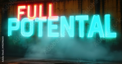 Chunky glowing full potential in red and cyan thick glowing font mounted on old metal wall with ambient fog and shadows