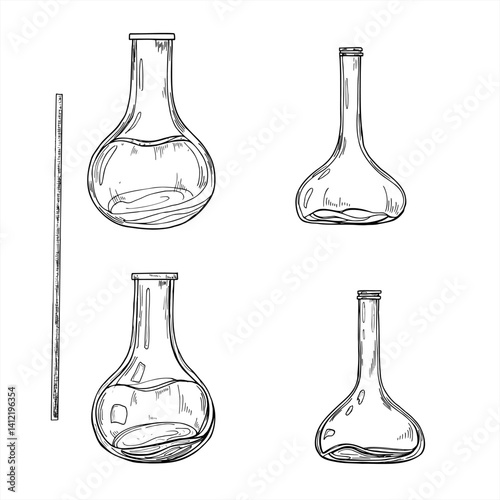 Monochrome hand drawn open glass bottles in different shapes, scented stick graphic sketch illustration. Empty and with essential organic perfume oil glassware painted by black inks. For home decor