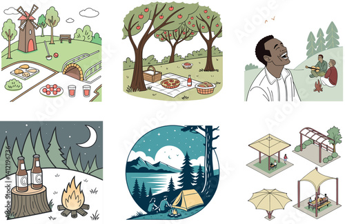 Camping Gathering. A Bundle of Cheerful and Serenity Collection Illustrations