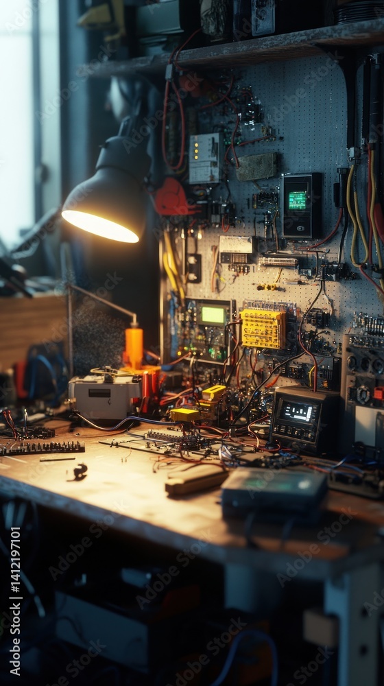 Electronics Workshop: A dimly lit workbench cluttered with various electronic components, tools, and devices under a desk lamp, creating an atmosphere of focused work and technological exploration.