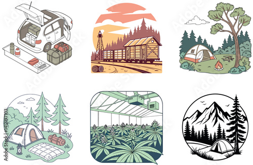 Camping Journey. A Bundle of Freedom and Scenic Collection Illustrations