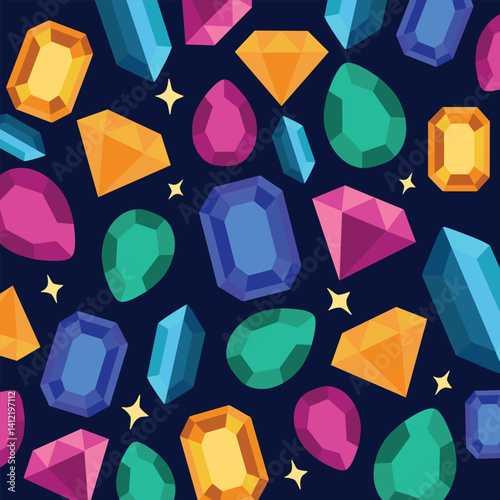 Vibrant seamless pattern with colorful gemstones and crystals on a dark background. Perfect for jewelry themes, luxury designs, and decorative prints.
