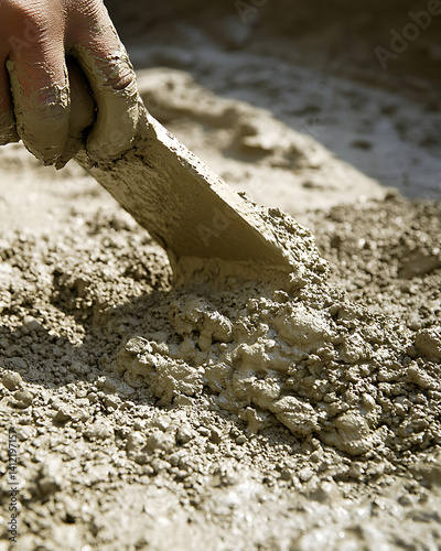 Mason mixing cement in a construction area. Featuring masonry work and construction preparation