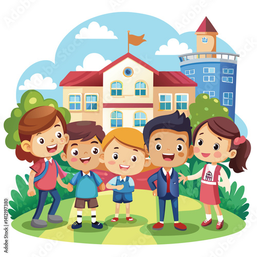 Happy students outside a school building