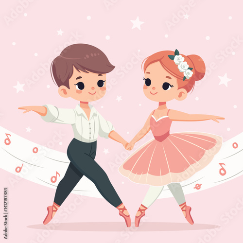 Pretty and gentle a pair of ballerinas dancing with stars and music. Poster, Banner, Flyer, Greeting Card. Vector illustration in flat cartoon style