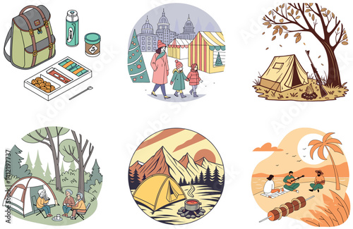 Camping Journey. A Bundle of Wanderlust and Sunshine Collection Illustrations