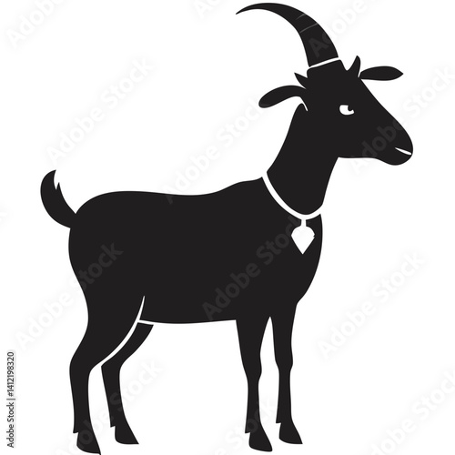 A regal black goat, adorned with a necklace, stands proudly in a simple, bold silhouette.