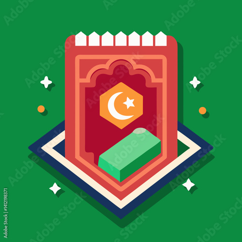 A serene prayer mat with crescent moon and star, symbolizing faith and devotion during Ramadan, presented in a vibrant isometric style with bold colors and playful elements.