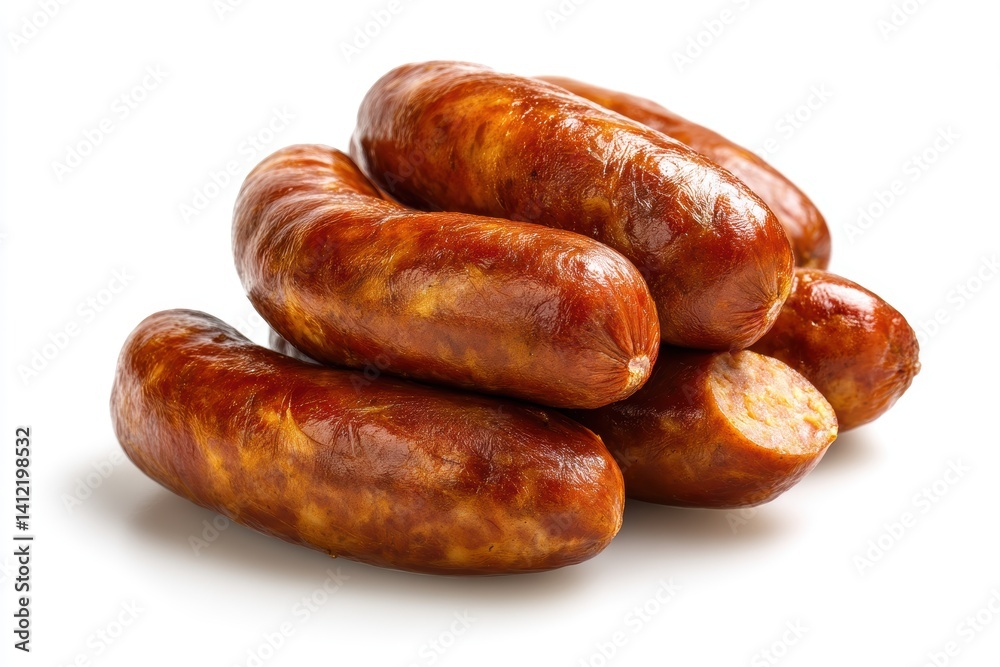 Savory aroma of rustic sausage culinary delight on clean white scene delectable gourmet indulgence