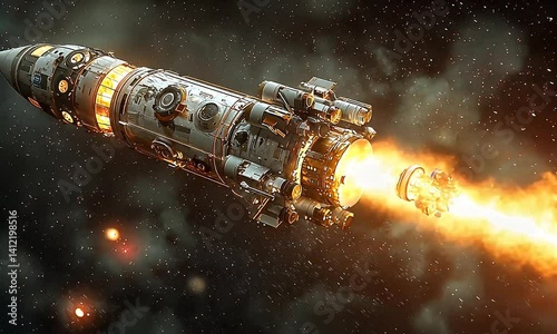 Rocket Launching into Space with Thrusters Igniting Against a Starry Background in a Futuristic Universe