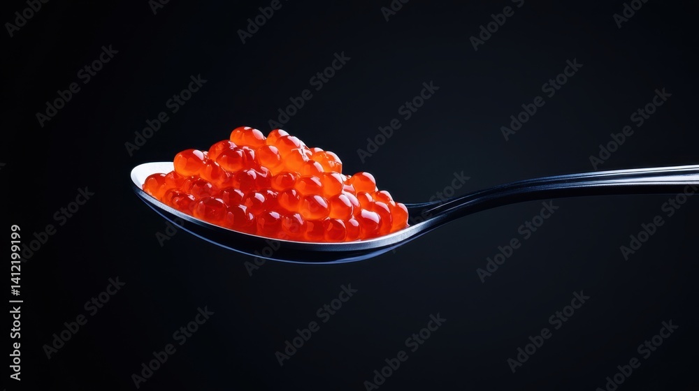 Gourmet seafood concept: rich red caviar in a glossy spoon, macro shot highlighting the vibrant color and texture. Gourmet seafood concept: rich red caviar in a glossy spoon, macro shot highlighting the vibrant color and texture.