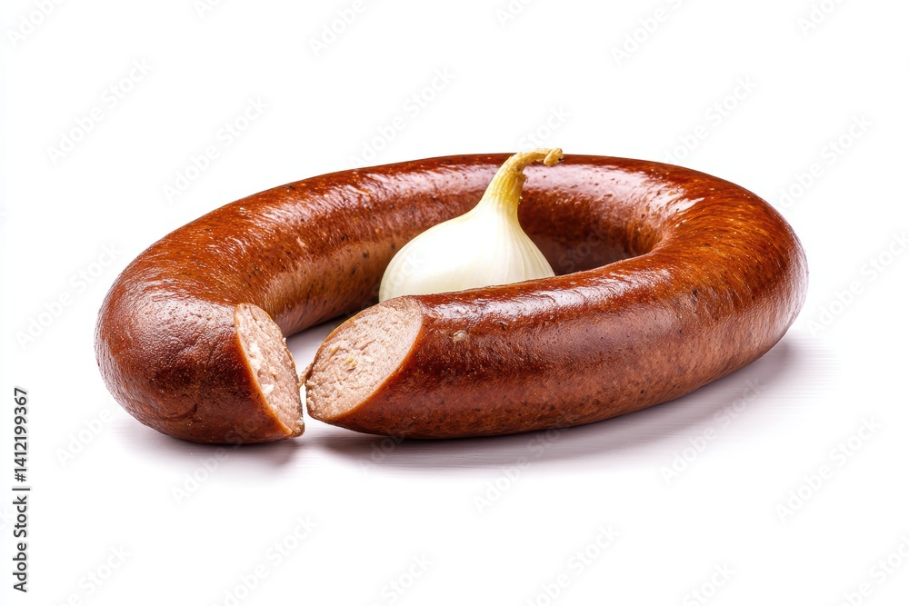Ring of flavorful kielbasa with whole peeled onion on white background studio shot cuisine delicious