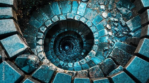 Aerial view of a deep stone well with intricate circular patterns and water at the bottom