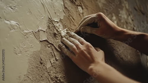 Mason applying plaster to smooth a wall. Featuring skill and finesse