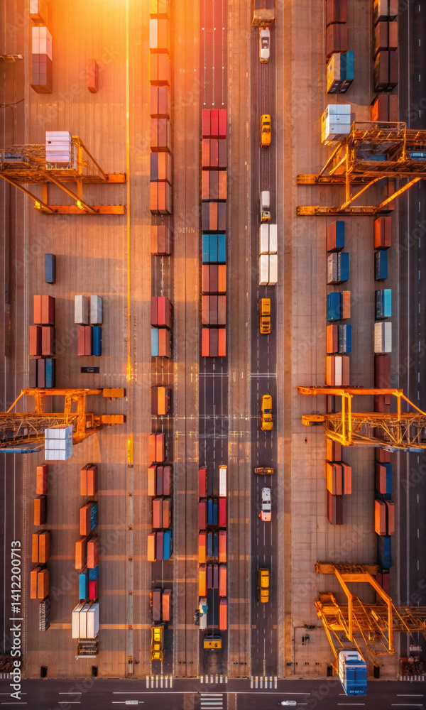 Obraz premium Aerial view of busy cargo terminal with colorful shipping containers and cranes, showcasing logistics industry