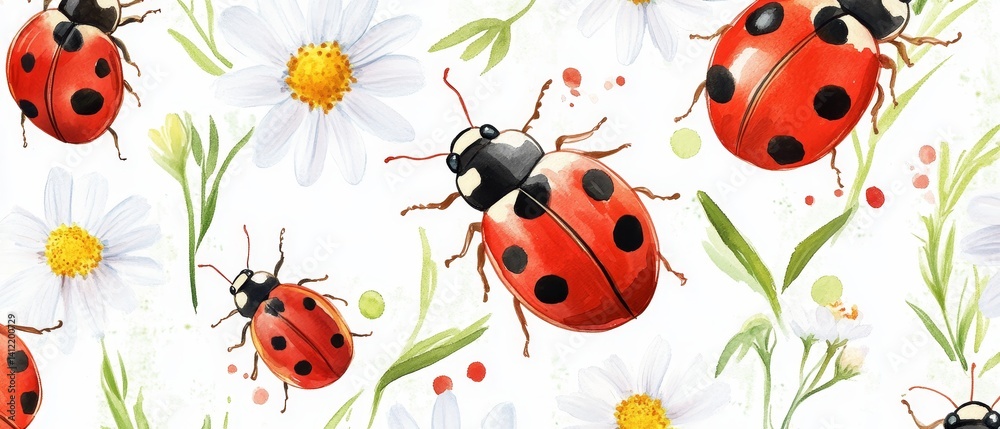 A painting of a field of flowers with a group of ladybugs