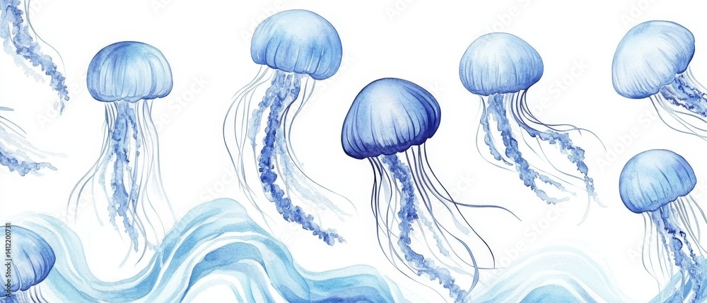 A series of blue jellyfish are swimming in the ocean