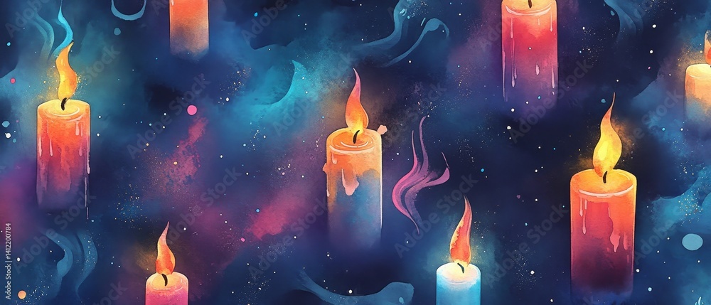 A painting of many candles with a blue background