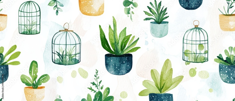 A watercolor painting of a variety of potted plants, including a few with cages