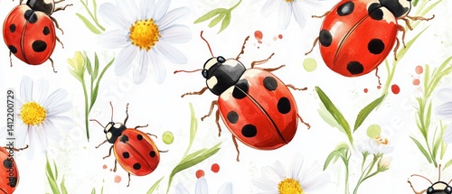 Obraz na płótnie A painting of a field of flowers with a group of ladybugs w salonie