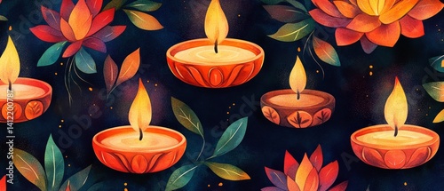 Obraz na płótnie A painting of candles in a vase with leaves and flowers w salonie