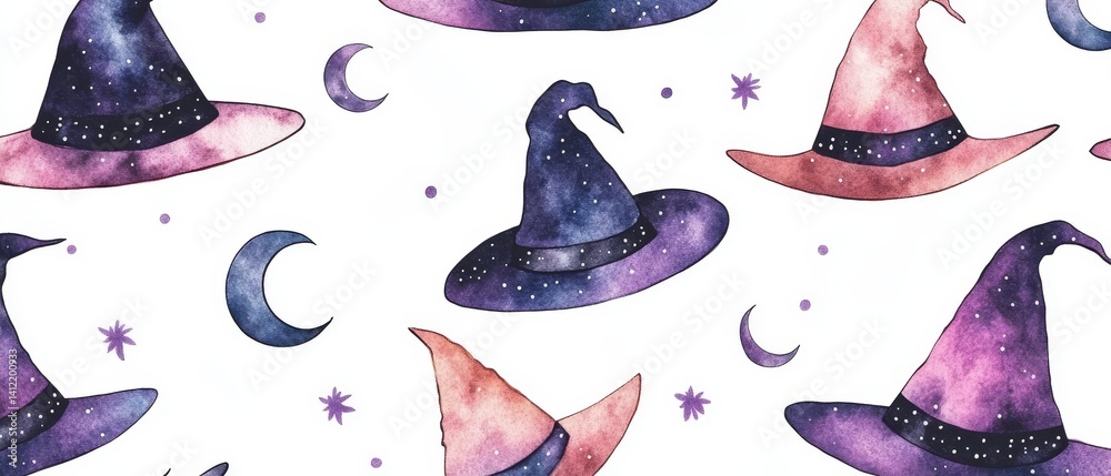 A watercolor painting of a group of witches with purple and pink hats