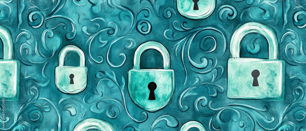 A blue and white pattern of locks and keys