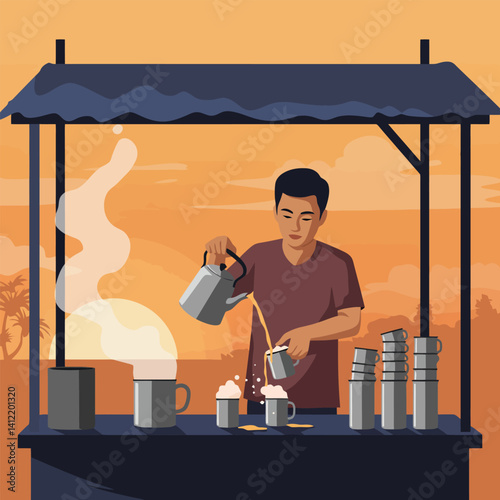 Man Pouring Hot Drink at Street Vendor Stall Setting