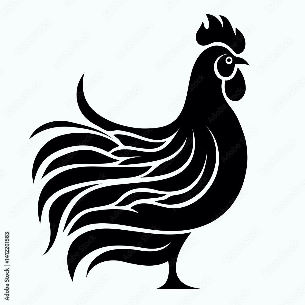 Fototapeta premium Rooster silhouette in tribal black style with flowing tail