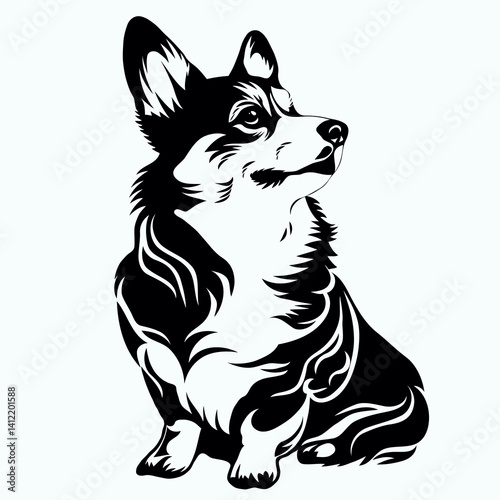 Corgi dog tribal silhouette in black and white style