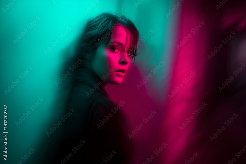 Woman's face, partially obscured, illuminated by pink and teal light, creating a mysterious and moody atmosphere Woman's face, partially obscured, illuminated by pink and teal light, creating a mysterious and moody atmosphere