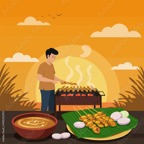 Grilling Food on Outdoor Grill at Sunset with Sauce