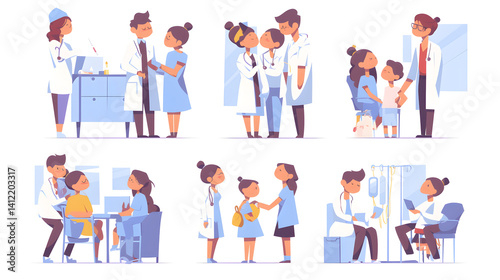 Professional Cute Child Visiting Doctor Vector Flat Illustration for Medical Concept