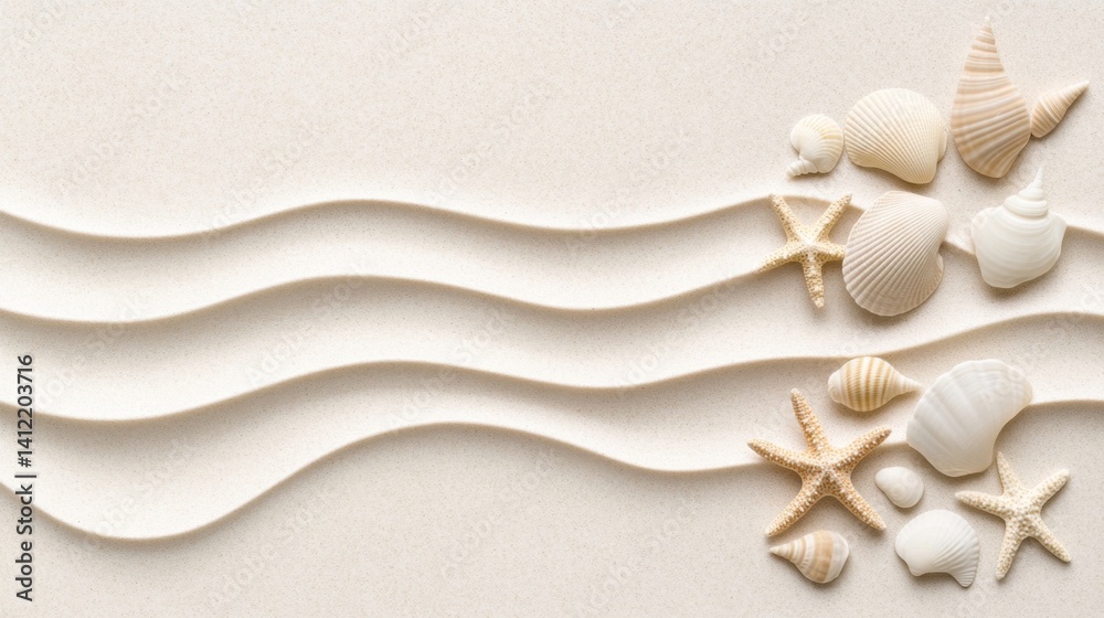 Starfish and seashells arranged on soft sand, with the ocean in the background, creating a serene and tranquil seaside vibe. Starfish and seashells arranged on soft sand, with the ocean in the background, creating a serene and tranquil seaside vibe.