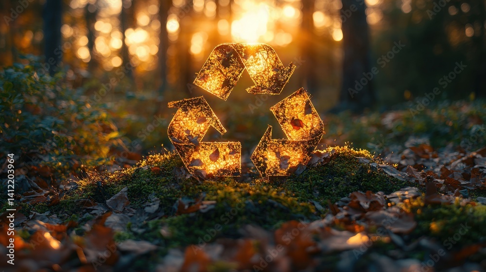 A photography of a glowing recycling symbol made of moss and leaves, set in the middle of a forest at sunrise.