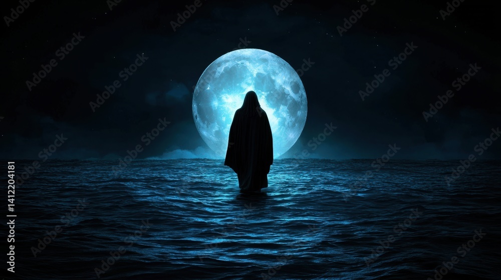 The Son of God walking on calm waters, the moonlight reflecting on the waves, a spiritual representation of faith and miracles.